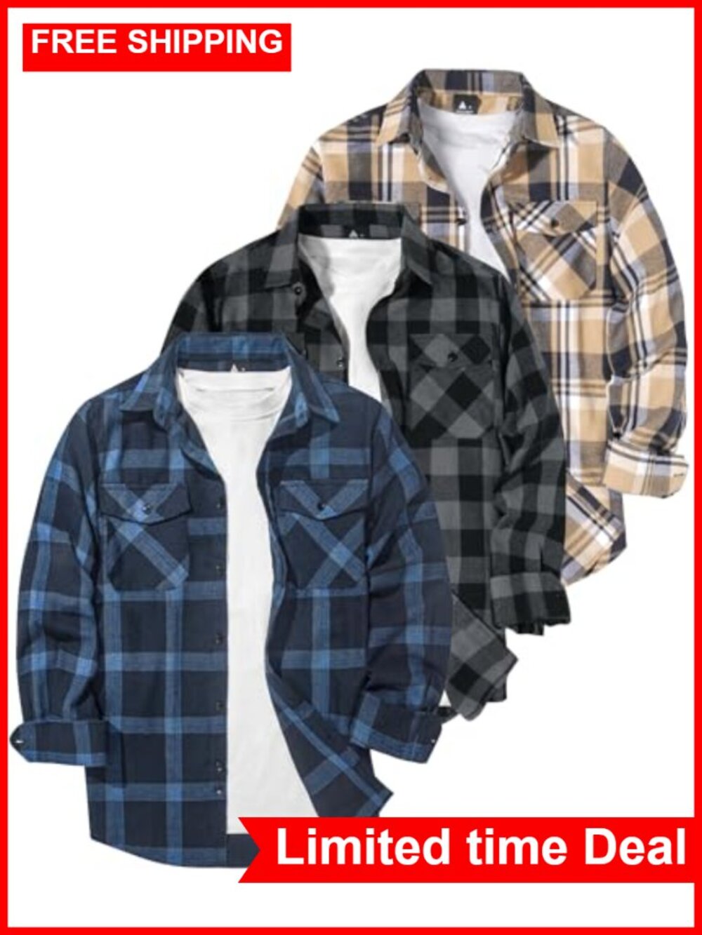 Men's Flannel Button-Down Shirts 3 Pack Plaid Western Long Sleeve Casual